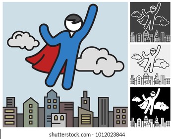 Flying men in a superhero costumes save city, icon. Vector illustration.