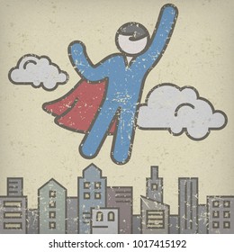 Flying men in a superhero costumes save city, icon. Vector illustration.