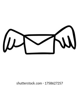 Flying message or mail icon, envelope with wings. Simple vector illustration in doodle style. Isolated on white background.