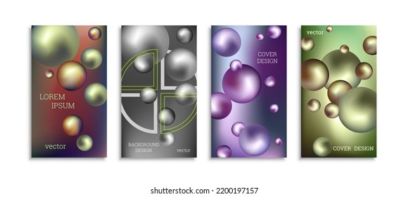 Flying metal balls. Set of 4 cover designs, creative background