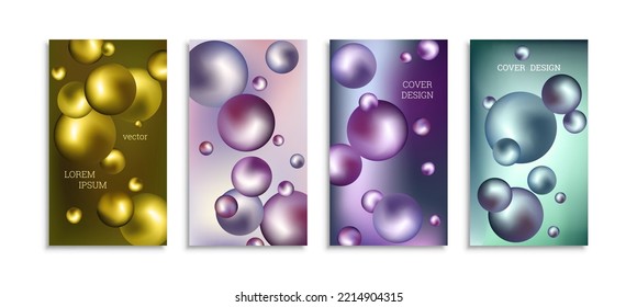 Flying metal balls. Set of 4 cover designs, creative background