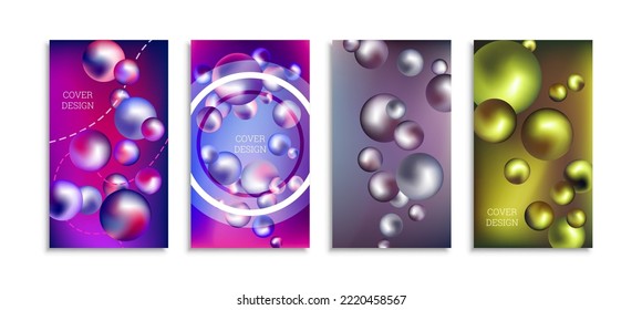 Bolas de metal volador. Conjunto de 4 diseños de portada, fondo creativo