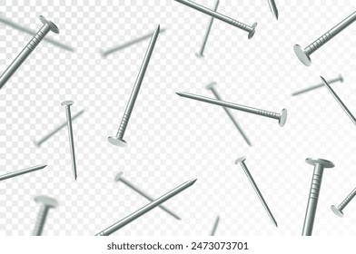 Flying metal nails, isolated on transparent background. Many silver falling nails. Сonstruction, repair tools. Steel chrome nails, grey instruments minimalist concept.