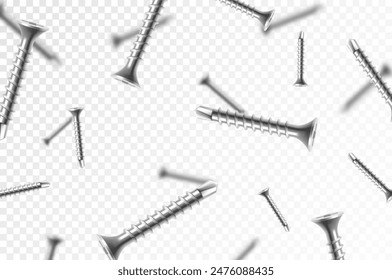 Flying metal screws and bolts, isolated on transparent background. Many silver falling screws. Сonstruction, repair tools. Steel chrome nails, grey instruments minimalist concept.