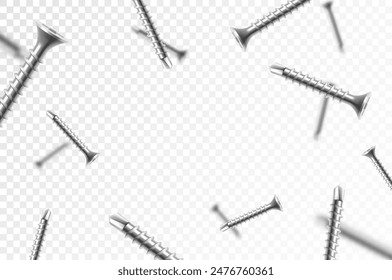 Flying metal screws and bolts, isolated on transparent background. Many silver falling screws. Сonstruction, repair tools. Steel chrome nails, grey instruments minimalist concept.
