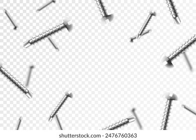 Flying metal screws and bolts, isolated on transparent background. Many silver falling screws. Сonstruction, repair tools. Steel chrome nails, grey instruments minimalist concept.