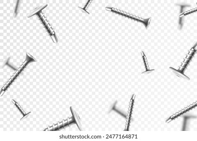 Flying metal screws and bolts, isolated on transparent background. Many silver falling screws. Сonstruction, repair tools. Steel chrome nails, grey instruments minimalist concept.