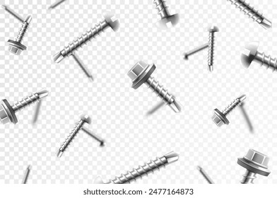 Flying metal screws and bolts, isolated on transparent background. Many silver falling screws. Сonstruction, repair tools. Steel chrome nails, grey instruments minimalist concept.