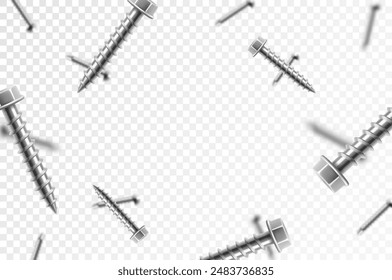 Flying metal screws and bolts, isolated on transparent background. Many silver falling screws. Сonstruction, repair tools. Steel chrome nails, grey instruments minimalist concept.