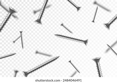 Flying metal screws and bolts, isolated on transparent background. Many silver falling screws. Сonstruction, repair tools. Steel chrome nails, grey instruments minimalist concept.