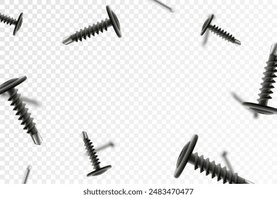 Flying metal self-tapping and screws isolated on transparent background. Many silver falling screws. Сonstruction, repair tools. Steel chrome nails, grey instruments minimalist concept.