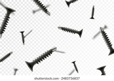 Flying metal self-tapping and screws isolated on transparent background. Many silver falling screws. Сonstruction, repair tools. Steel chrome nails, grey instruments minimalist concept.