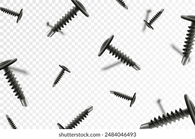 Flying metal self-tapping and screws isolated on transparent background. Many silver falling screws. Сonstruction, repair tools. Steel chrome nails, grey instruments minimalist concept.