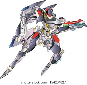 Flying metallic grey robot warrior cyborg with laser weapon