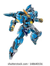 Flying Metallically Blue Robot Warrior Cyborg 