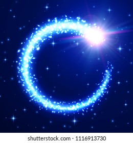 Flying meteor on blue starry night sky backdrop. Glowing light comet tail frame. Starry space background. Meteorite trail with glitter particles. Galaxy design. Cosmic shiny bright vector illustration