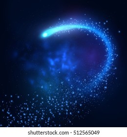 Flying meteorite with shiny dust particles on space background. Vector EPS10