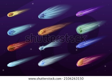 Flying meteorites or comets night sky with stars set vector flat illustration. Falling asteroids with flame trail glowing fireballs from space. Burning galaxy stones at Earth atmosphere meteors rain