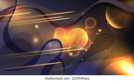  Flying meteorites, sparks and bursts of energy, beams of light, the silhouette of the planet, overlapping wavy abstract shapes against a background of mixing colors. Vector.