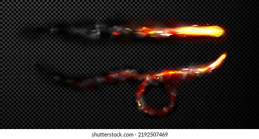 Flying missile with fire trail and black smoke clouds. Vector realistic 3d illustration of fast rocket flight with jet of flame and smoke isolated on transparent background