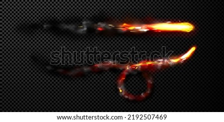 Flying missile with fire trail and black smoke clouds. Vector realistic 3d illustration of fast rocket flight with jet of flame and smoke isolated on transparent background