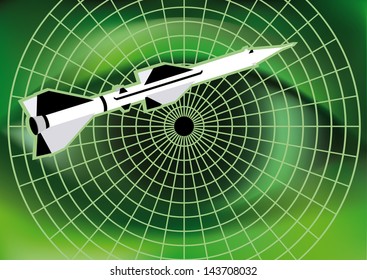 The flying missile and radar on the background of a large green human eye.
