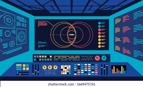 Flying Mission Control Center Monitoring Spaceflight. Flat Vector Illustration 