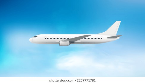 Flying modern airplane flying in cloudy sky. Air travel concept. 3d vector illustration