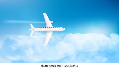 Flying modern airplane top view flying in cloudy sky. Air travel concept. 3d vector illustration