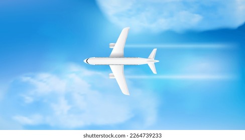 Flying modern airplane top view flying in cloudy sky. Air travel concept. 3d vector illustration