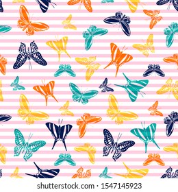 Flying modern butterfly silhouettes over horizontal stripes vector seamless pattern. Baby clothing textile print design. Stripes and butterfly winged insect silhouettes seamless design.