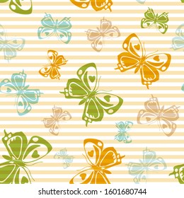 Flying modern butterfly silhouettes over horizontal stripes vector seamless pattern. Cartoon textile print design. Lines and butterfly winged insect silhouettes seamless illustration.