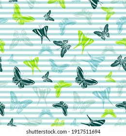Flying modern butterfly silhouettes over striped background vector seamless pattern. Childish fashion fabric print design. Stripes and butterfly garden insect silhouettes seamless design.