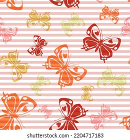 Flying modern butterfly silhouettes over striped background vector seamless pattern. Childish fashion textile print design. Lines and butterfly winged insect silhouettes seamless wallpaper.