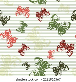 Flying modern butterfly silhouettes over striped background vector seamless pattern. Vintage textile print design. Lines and butterfly garden insect silhouettes seamless pattern.