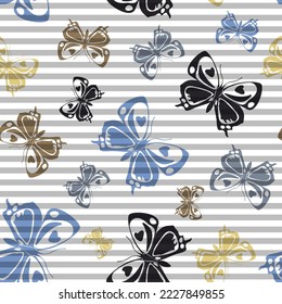 Flying modern butterfly silhouettes over striped background vector seamless pattern. Cartoon fabric print design. Stripes and butterfly winged insect silhouettes seamless design.