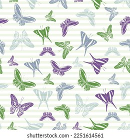 Flying modern butterfly silhouettes over striped background vector seamless pattern. Kids fashion textile print design. Stripes and butterfly winged insect silhouettes seamless wrapping.