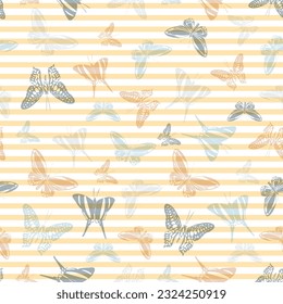 Flying modern butterfly silhouettes over horizontal stripes vector seamless pattern. Kids fashion textile print design. Lines and butterfly winged insect silhouettes seamless wallpaper.