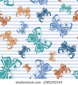 Flying modern butterfly silhouettes over striped background vector seamless pattern. Vintage fabric print design. Stripes and butterfly winged insect silhouettes seamless wallpaper.