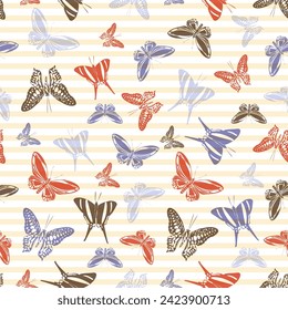 Flying modern butterfly silhouettes over horizontal stripes vector seamless pattern. Baby clothing fabric print design. Stripes and butterfly garden insect silhouettes seamless wallpaper.