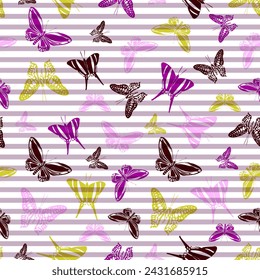 Flying modern butterfly silhouettes over horizontal stripes vector seamless pattern. Cartoon textile print design. Stripes and butterfly winged insect silhouettes seamless illustration.