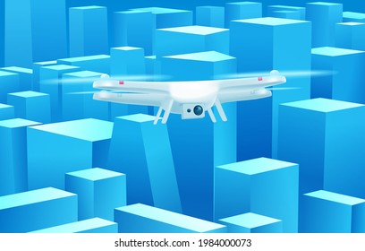 Flying modern copter flying in big city