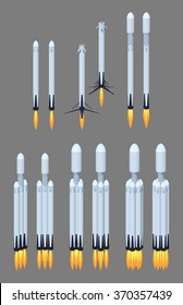 Flying modern space rocket. 3D lowpoly isometric vector illustration. The set of objects isolated against the grey background and shown from different sides