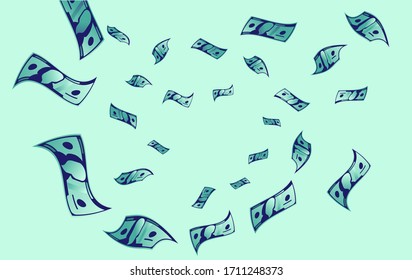 Fondo del vuelo. Ilustración vectorial de billetes de papel volando en el aire sobre fondo verde. Efectivo, beneficios, concepto rico.