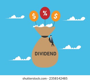 Flying with money bag dollar balloon - Stock market dividend 2d vector illustration concept for banner, website, landing page, flyer, etc