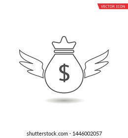 Flying money bag icon  Dollar sign and wings symbol  Vector