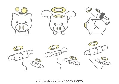 Dinheiro voador e quebrado Piggy Bank ícone Set