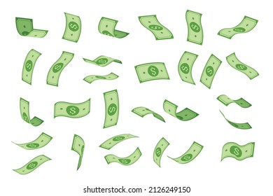 Flying money. Cartoon falling dollar banknotes, American bank currency. Vector isolated set