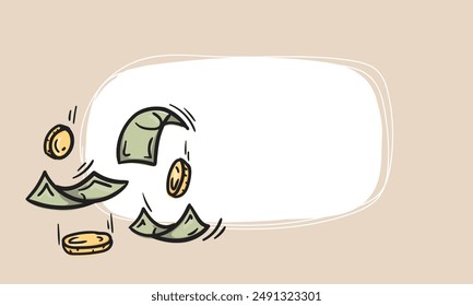 Flying money and coins icon. Simple vector background with place for text for sticker, price tag, label. Hand drawn illustration. Business, finance, sales and shares concept.