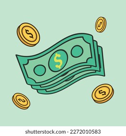 Flying money dollar bills cash and golden coin cartoon icon vector illustration. Business and finance Object Concept Isolated Vector.